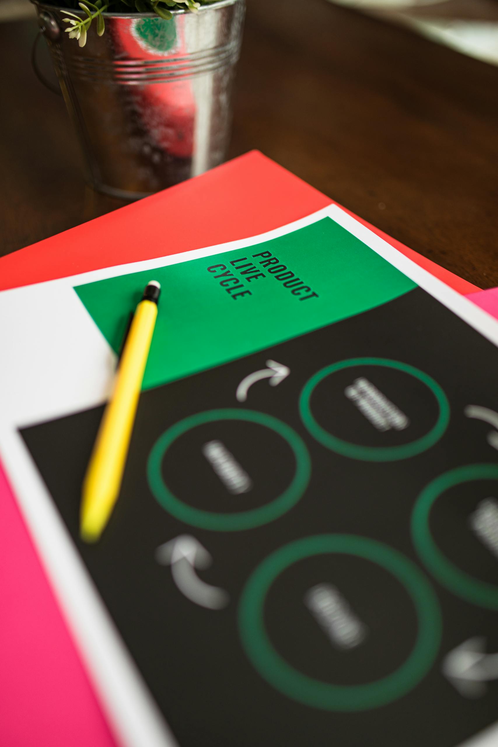 A close-up of a colorful product lifecycle diagram with a yellow pencil on a desk.