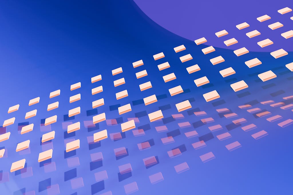 Dynamic 3D abstract image with geometric pattern in blue and peach tones.